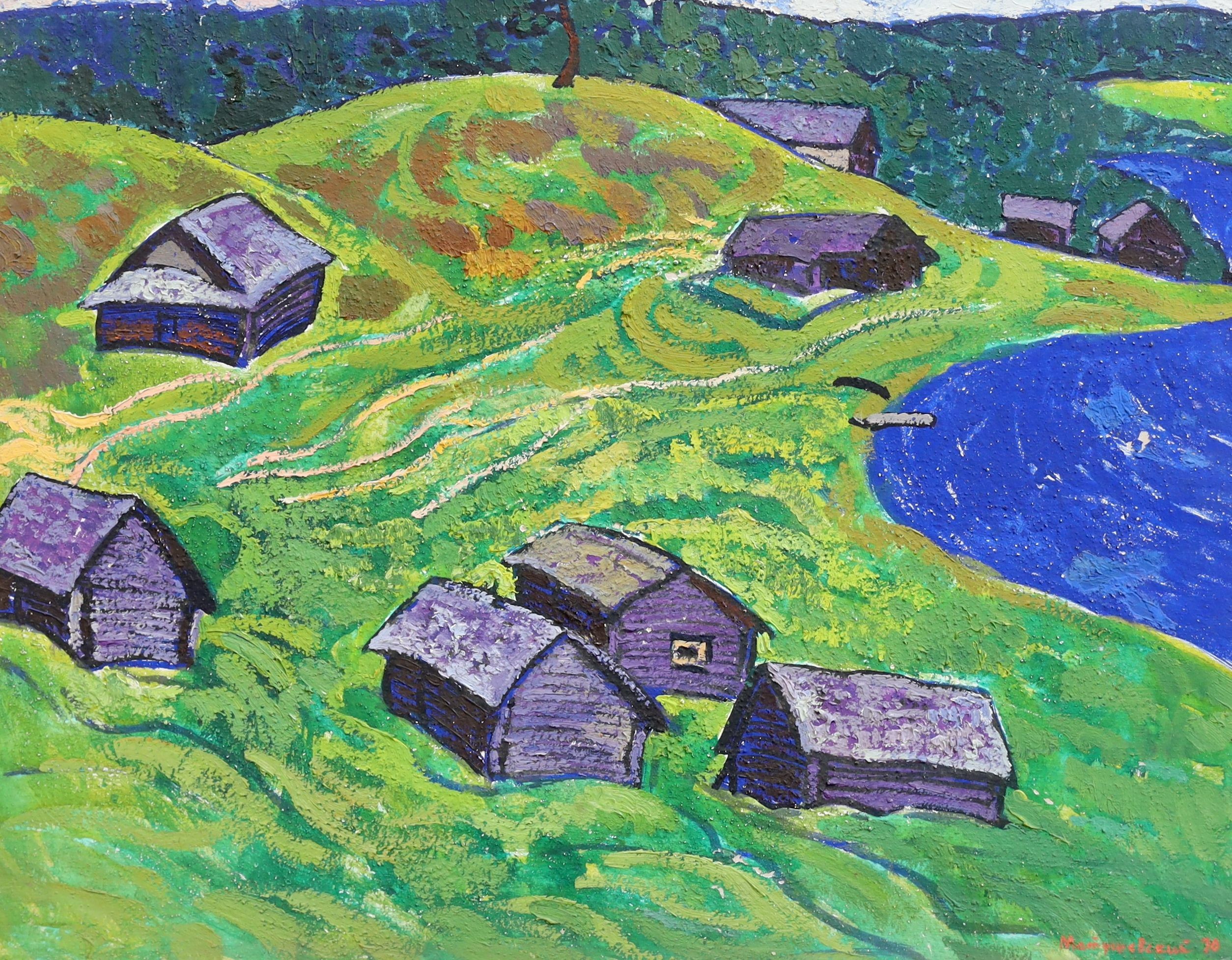 Yuri Matushevski (Russian, 1930-1999), Hillside houses in summer, oil on card, 54 x 69cm